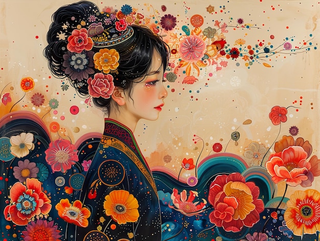 a painting of a woman with flowers on her hair