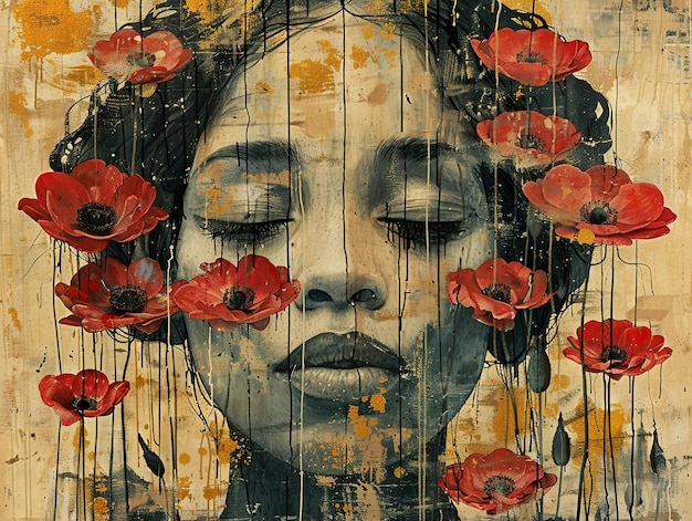 a painting of a woman with flowers and the words  poppies