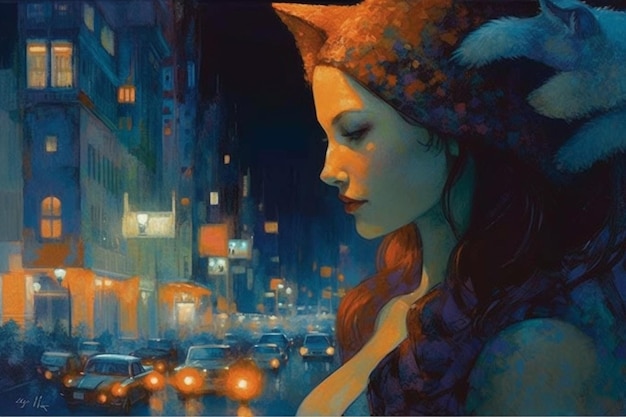 A painting of a woman with a fox hat on and a city street with cars in the background.