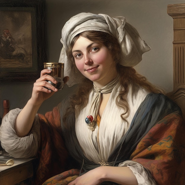 A painting of a woman with a glass of wine