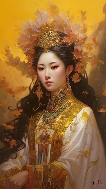 A painting of a woman with a golden crown and a gold dress.