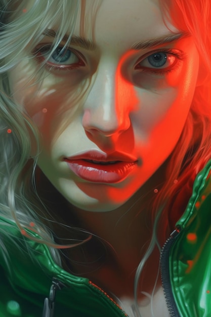 A painting of a woman with green eyes and a tear