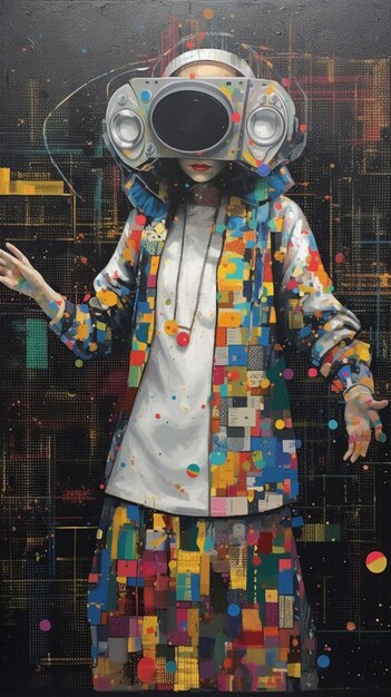 A painting of a woman with a hat and a jacket that says'the word'on it