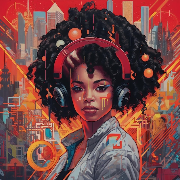 A painting of a woman with a headphone on her head.