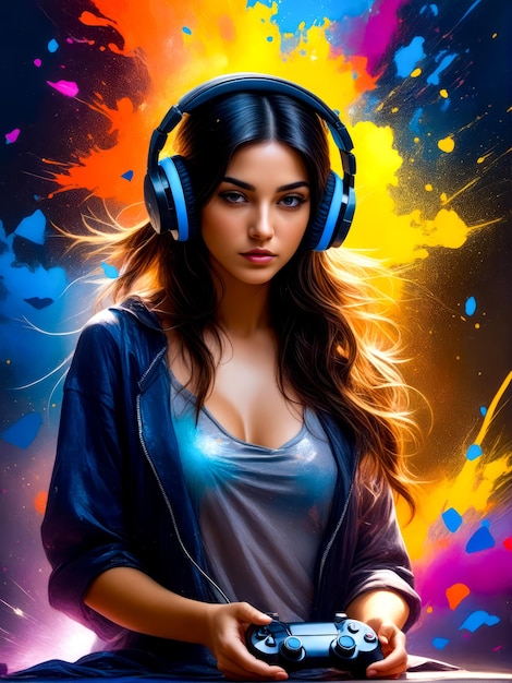 Painting of woman with headphones on and paint splattered background