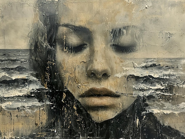 a painting of a woman with her eyes closed and the water is drawn on the side of the wall