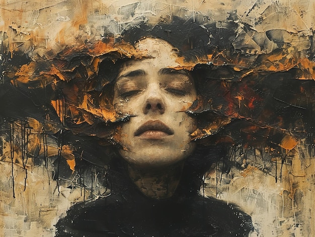 a painting of a woman with her eyes closed and the word  she is