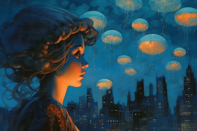 A painting of a woman with jellyfish floating above her head