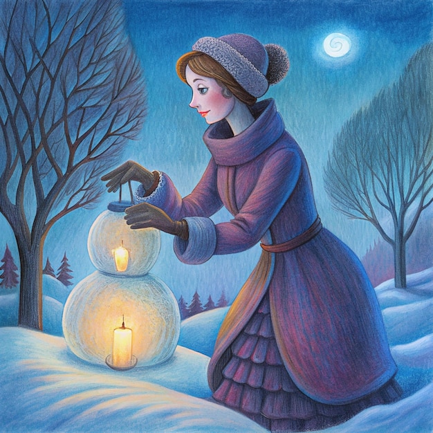 Photo a painting of a woman with a lantern in the snow