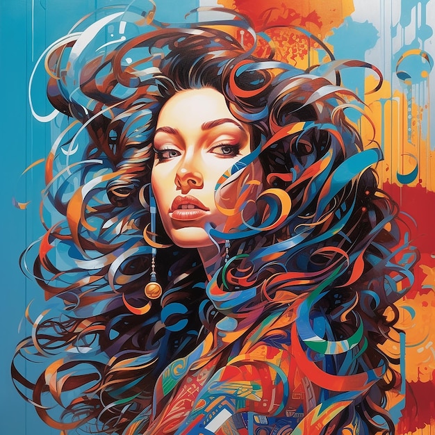 A painting of a woman with long hair and a colorful background.