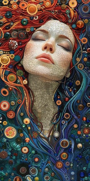 a painting of a woman with long hair and a colorful eyeliner