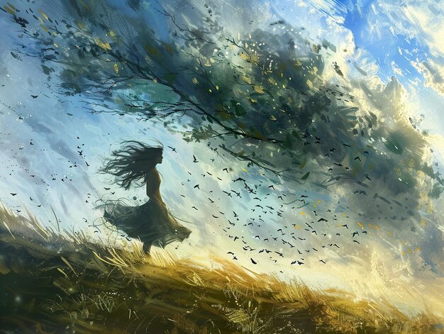 a painting of a woman with a long hair flying in the wind