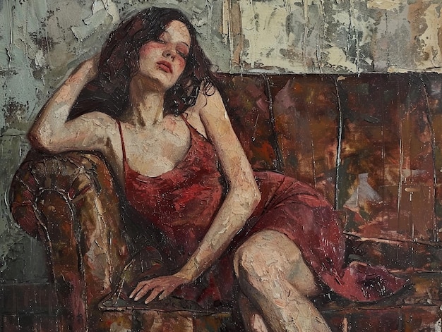 a painting of a woman with long hair and a red dress on the side of her body