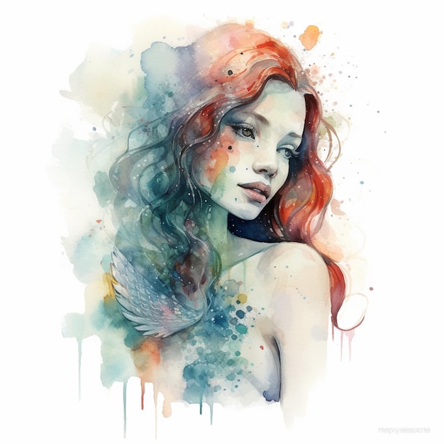 painting of a woman with long red hair and a blue dress generative ai