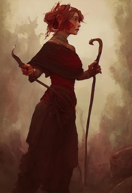 a painting of a woman with a long stick and a long black arrow