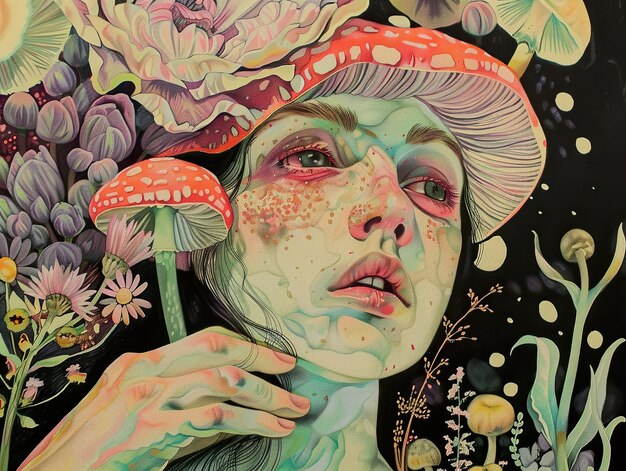 a painting of a woman with a mushroom on her head