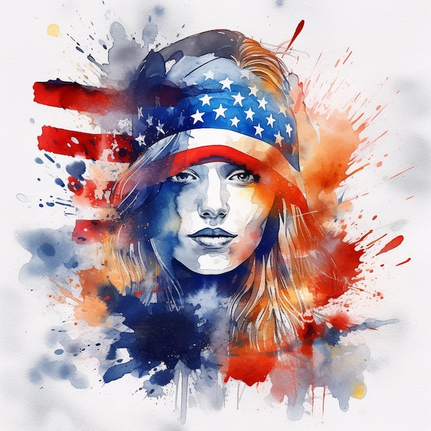 Painting of a woman with a patriotic hat and a flag on her head generative ai