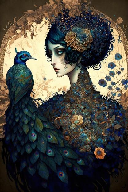 Painting of a woman with a peacock on her shoulder generative ai