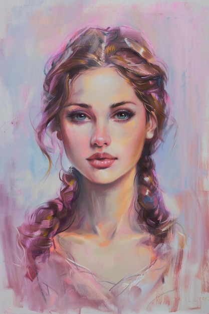 a painting of a woman with a pink braided hair