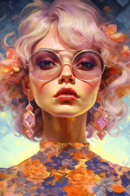 A painting of a woman with pink hair and glasses.