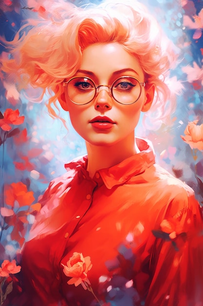 A painting of a woman with pink hair and glasses.