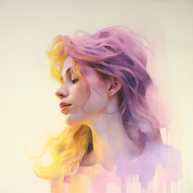 painting of a woman with pink hair and yellow eyes generative ai