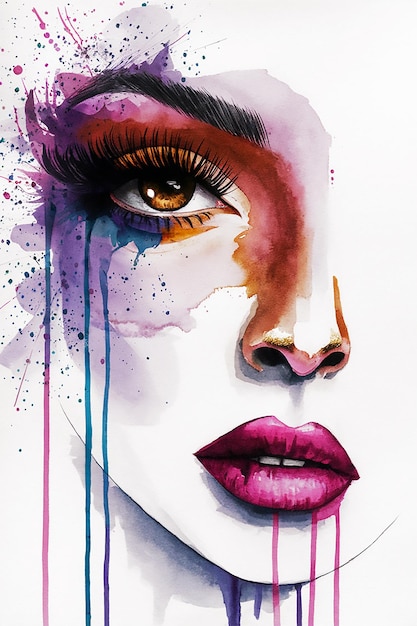 Photo a painting of a woman with pink lips and a purple and pink painted face