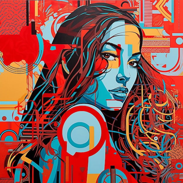 A painting of a woman with a red and blue background.