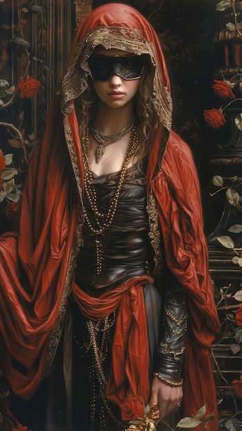 a painting of a woman with a red cape and a red cloak