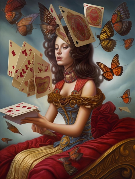 A painting of a woman with a red dress and a gold crown on her head and a red dress with a number of cards on it.