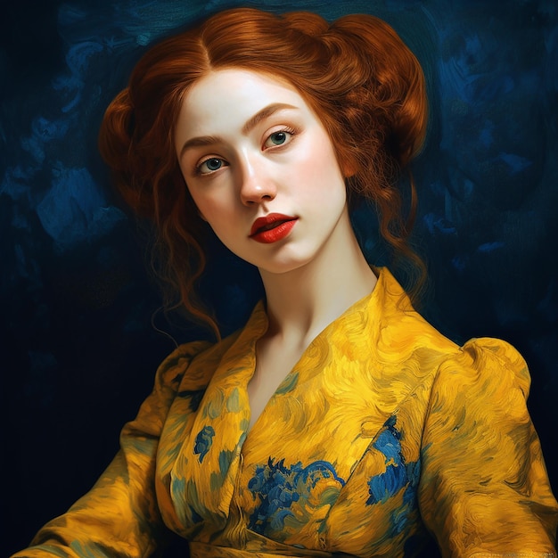 A painting of a woman with red hair and blue eyes.