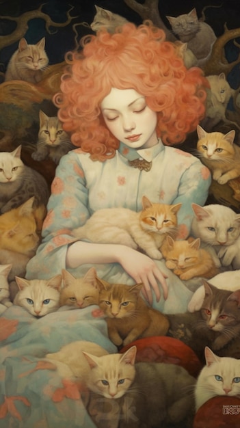 Painting of a woman with red hair and a bunch of cats generative ai