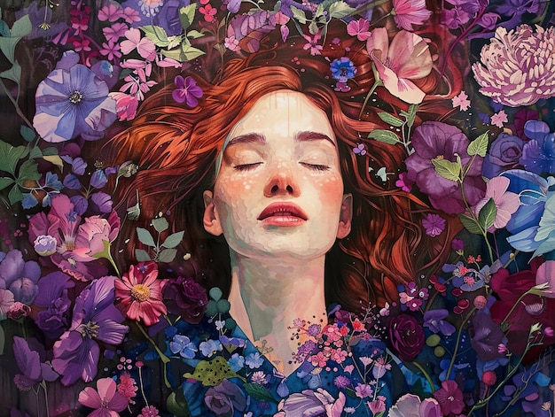 Photo a painting of a woman with red hair and flowers in the background