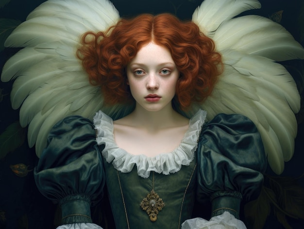 A painting of a woman with red hair and a green dress with white wings and a gold pendant.