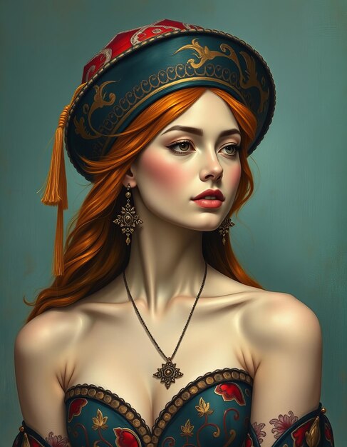 Photo a painting of a woman with red hair and a hat with the word  she is