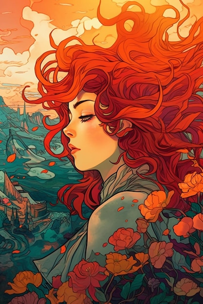 A painting of a woman with red hair and orange leaves on her head