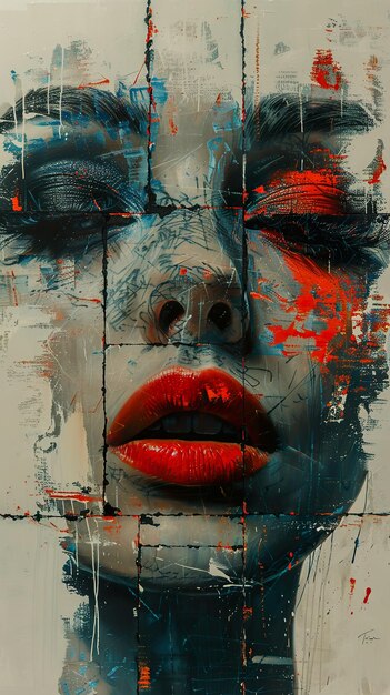 a painting of a woman with red lips and a blue and red lips