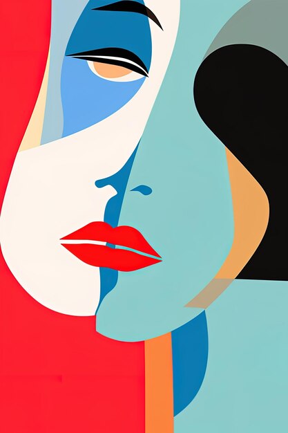 a painting of a woman with red lips and a blue and white image of a woman with red lips