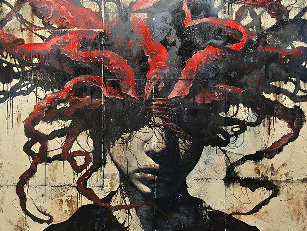 Photo a painting of a woman with a red octopus on her head