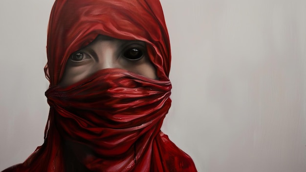 a painting of a woman with a red scarf covering her face