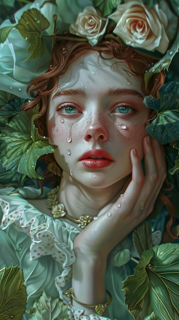 a painting of a woman with a sad face and green leaves