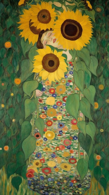 A painting of a woman with sunflowers on her head.