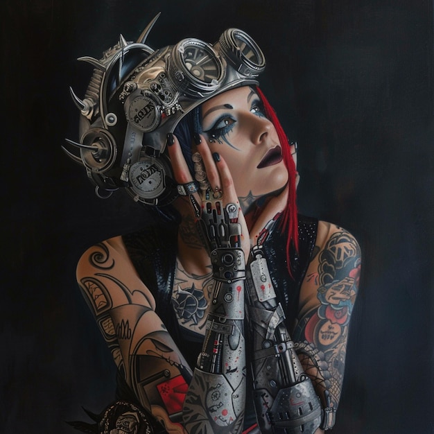 Photo painting of a woman with tattoos and a helmet on generative ai