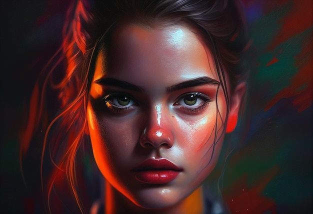 A painting of a woman with tears on her face Digital painting Innocent look with rich vivid colors and glowing face Realistic cute girl painting Generative AI