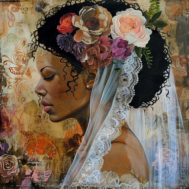 painting of a woman with a veil and flowers in her hair generative ai