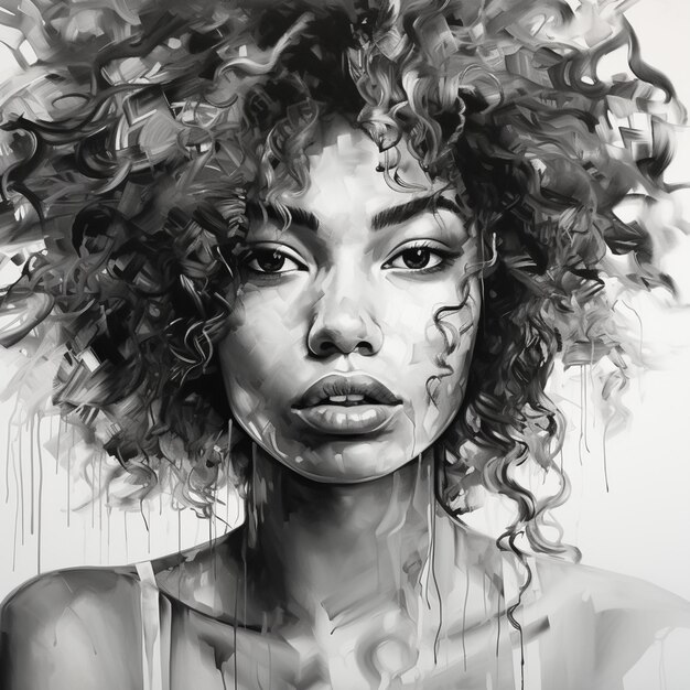 a painting of a woman with a very large afro and a very long hair generative ai