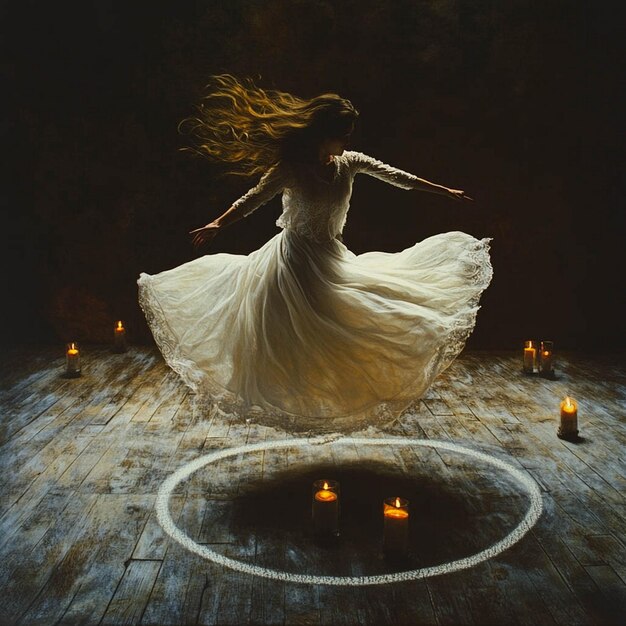 a painting of a woman with a white dress on her arm is shown with a circle of lights on the floor