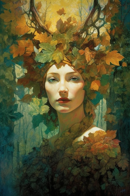 A painting of a woman with a wreath of leaves on her head