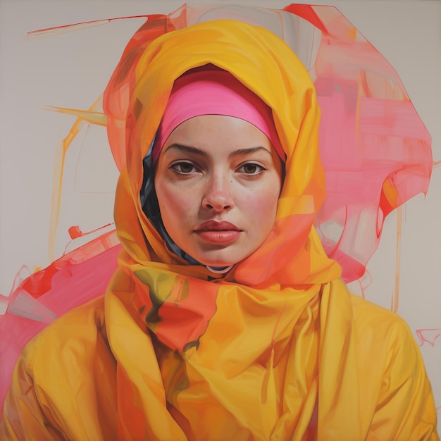 a painting of a woman with a yellow scarf and a pink headband