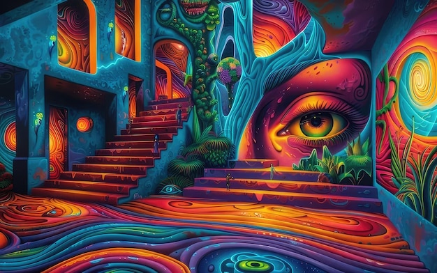 a painting of a womans eye and stairs with a green tree in the middle